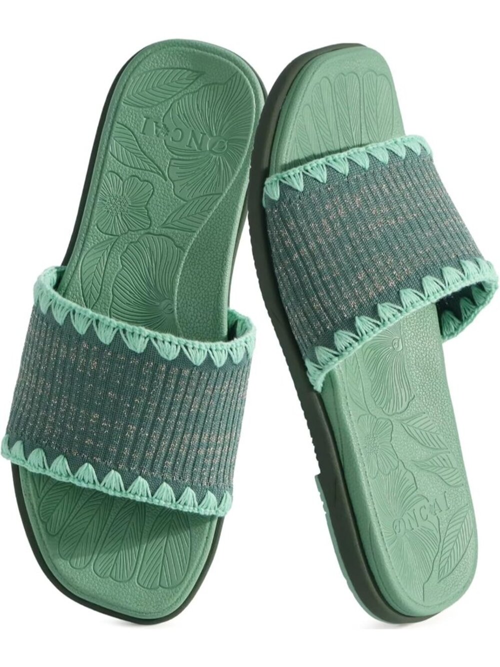 Women’s Green Flat Slides Sandals Soft Knitted with Golden Thread Walking